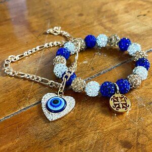 Evil Eye and Pave Rhinestone Set of Two Bracelets Rustic Cuff Cygnet Designs